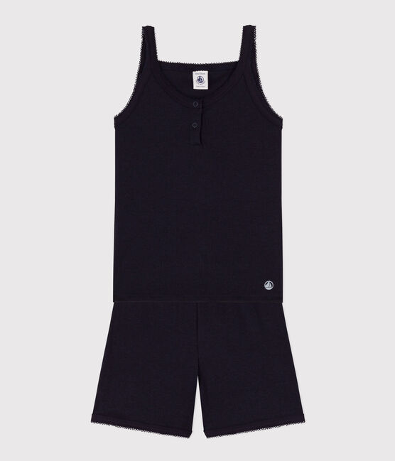 Pigiama corto bambina con bretelle in cotone e Lyocell blu SMOKING