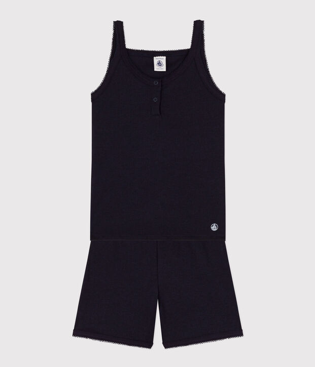 Pigiama corto bambina con bretelle in cotone e Lyocell blu