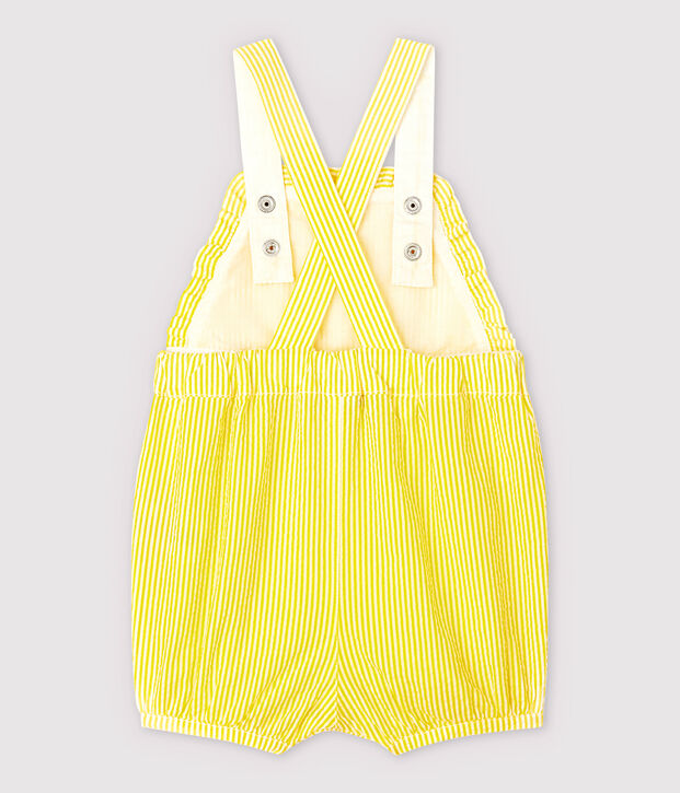 Salopette corta in seersucker a righe beb&egrave; femmina giallo/bianco