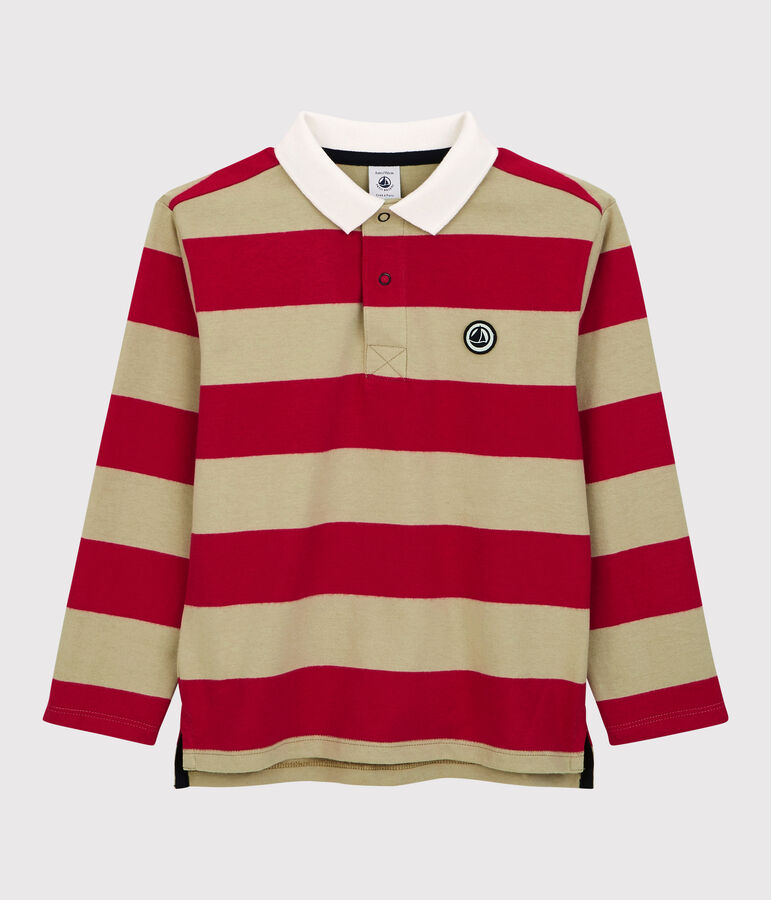 Polo bambino a maniche lunghe a righe in cotone rosso/beige