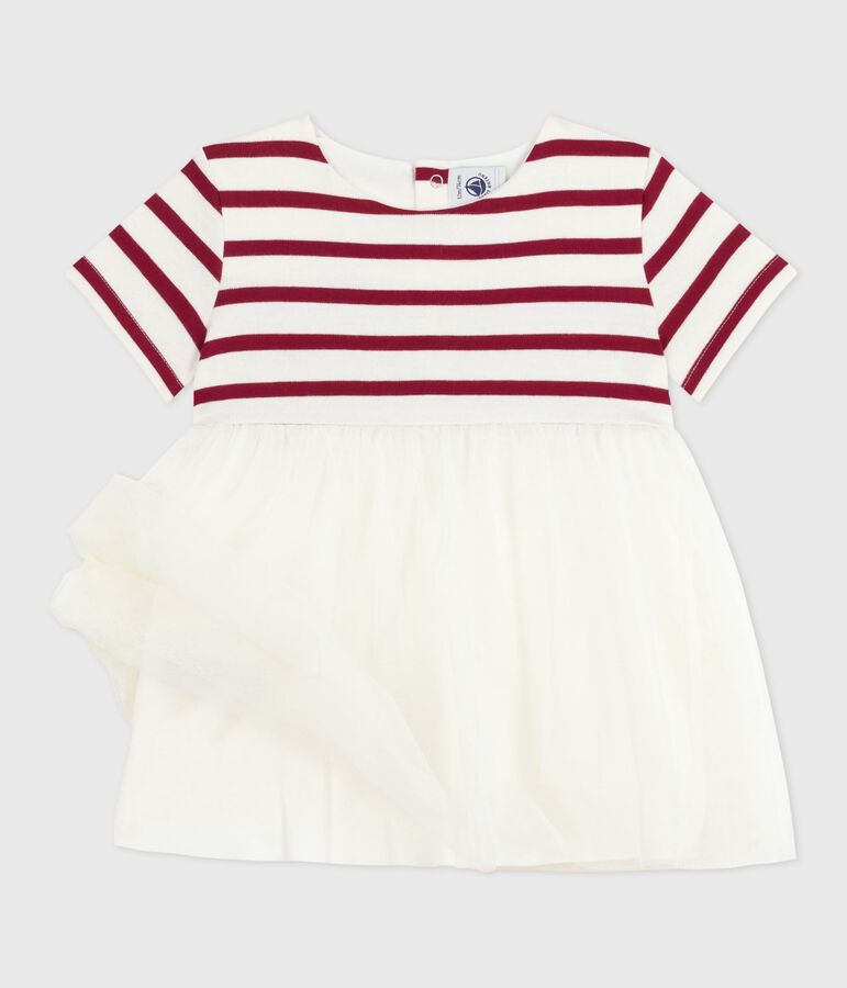 Abito a maniche corte bimateriale neonata ecru/rosso