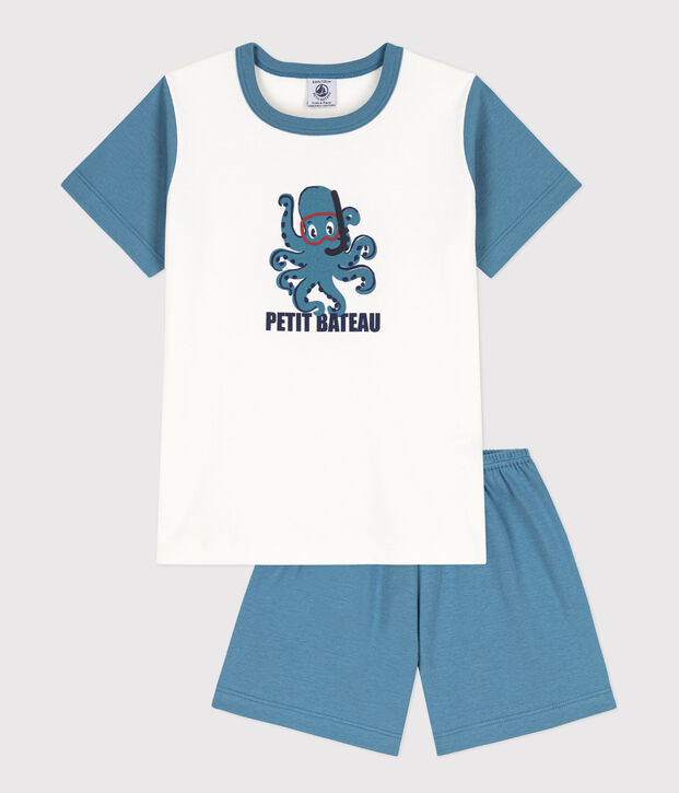 Pigiama corto in cotone con fantasia polpo per bimbi, unisex blu/bianco
