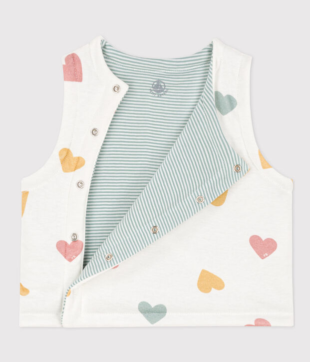 Gilet senza maniche beb&egrave; double face in cotone a cuori bianco/multicolore