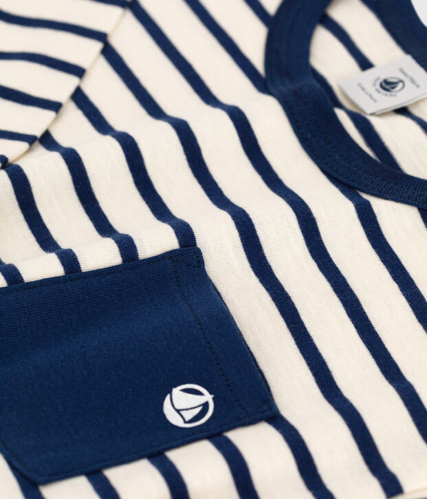 T-shirt bambino a maniche lunghe in cotone ecru/blu