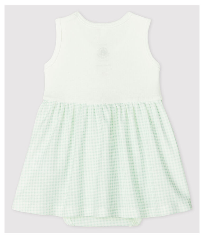 Abito-body a quadrettini vichy beb&egrave; femmina in cotone biologico bianco MARSHMALLOW/blu HAITI
