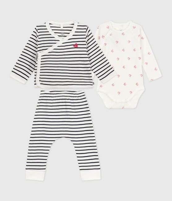 Set 3 pezzi neonato con marinière e body con barca stampata bianco MARSHMALLOW/blu SMOKING