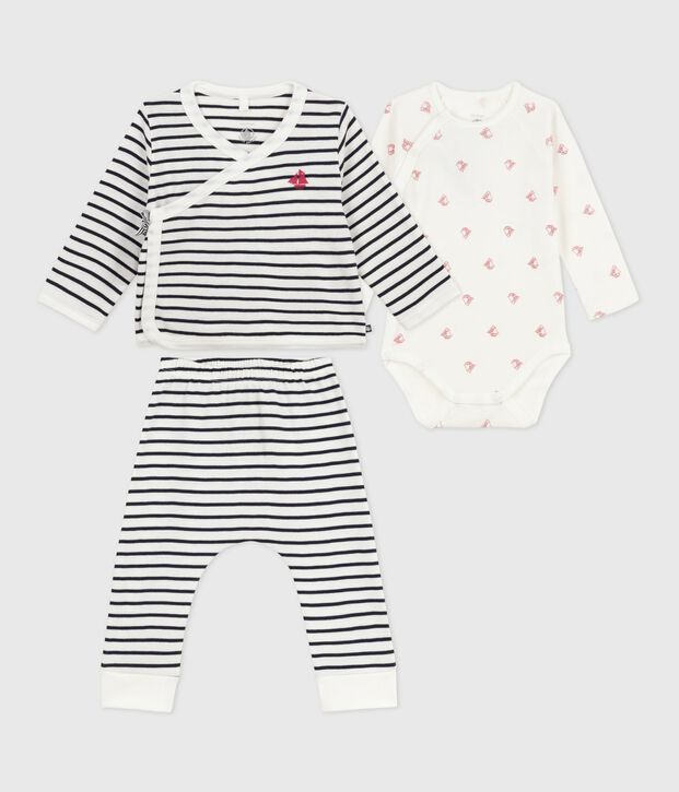 Set 3 pezzi neonato con marini&egrave;re e body con barca stampata bianco/blu