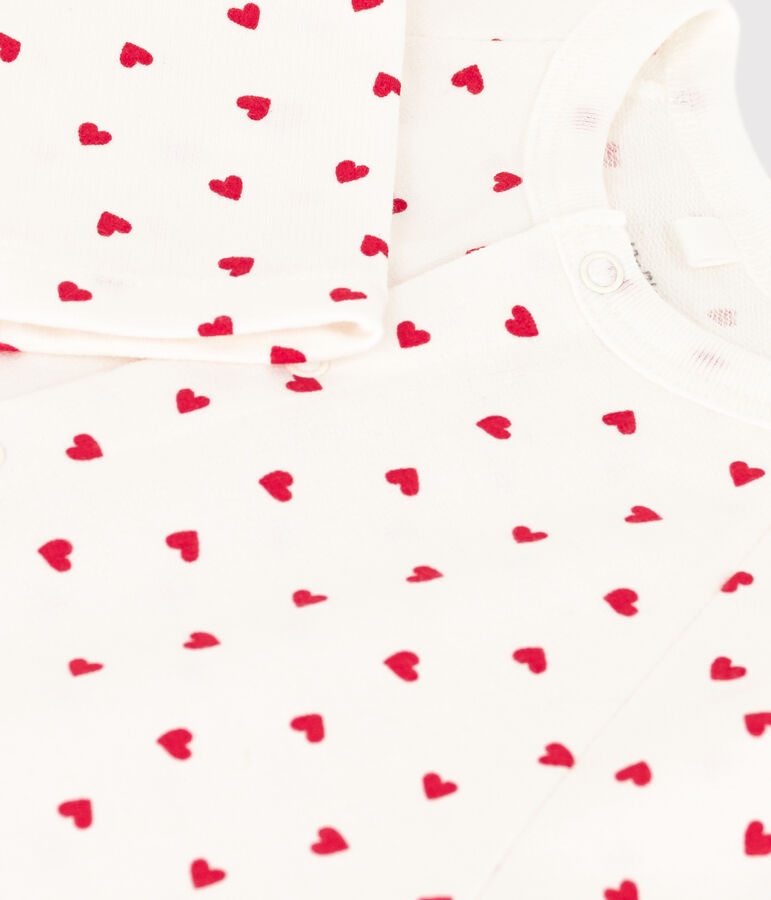 Tutina lunga beb&egrave; in tessuto felpato con cuoricino bianco/rosso