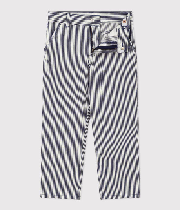 Pantalone bambino in tela di cotone a righe blu/bianco