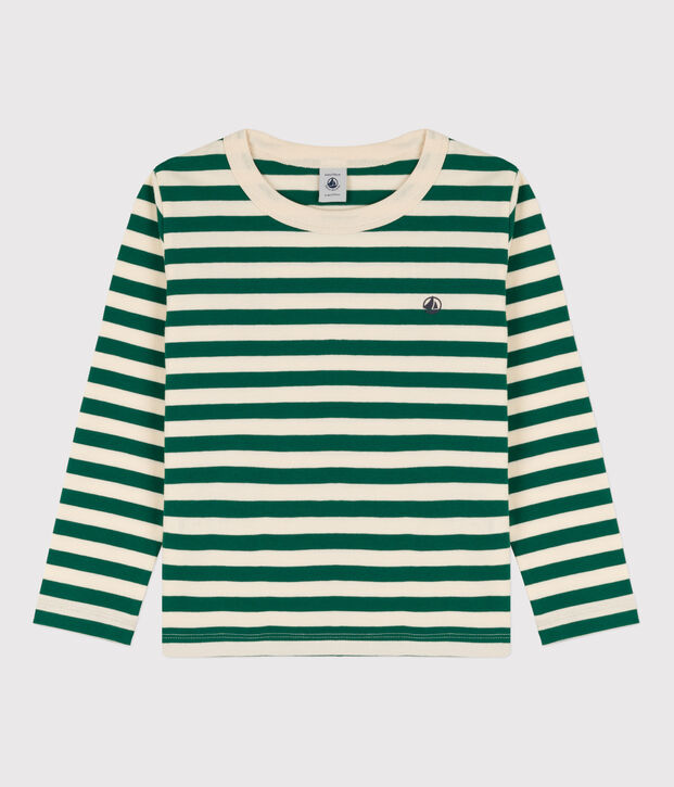 T-shirt bambino a maniche lunghe in cotone verde/ecru