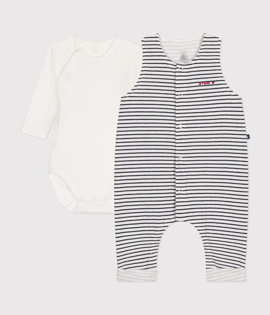 Completo con tutina e body in cotone per bebè bianco MARSHMALLOW/blu SMOKING