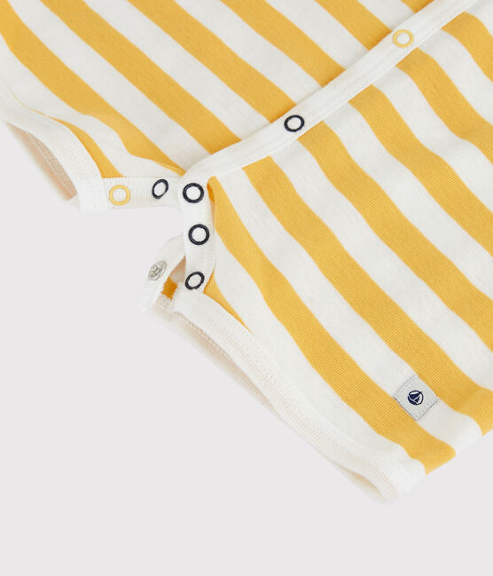 Tutina corta a righe bebè in cotone giallo OCRE/bianco MARSHMALLOW