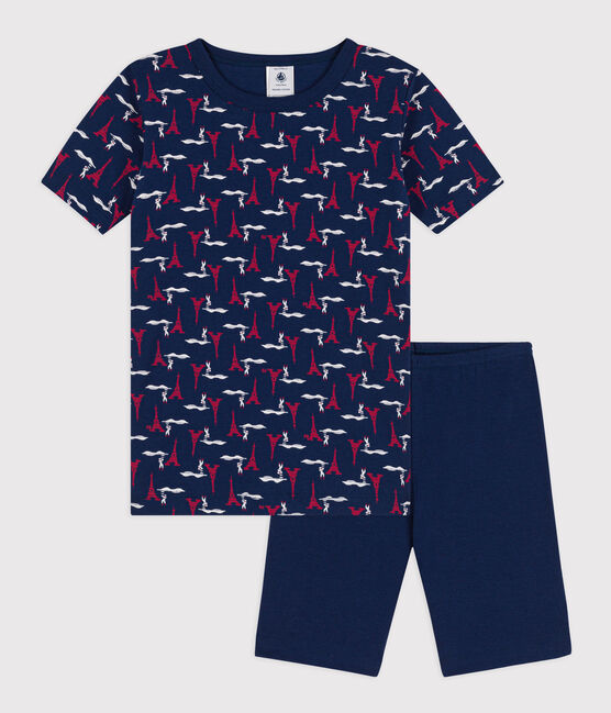 Pigiama corto aderente in cotone per bimbi, unisex blu MEDIEVAL/bianco MULTICO