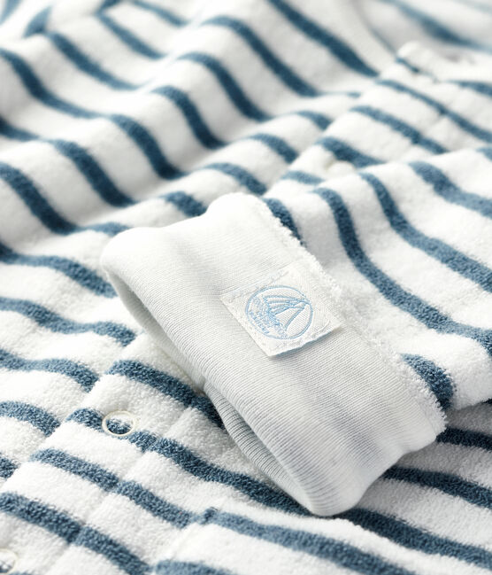 Tutina lunga a righe bebè in spugna bouclette grattata, super calda bianco MARSHMALLOW/blu ASTRO