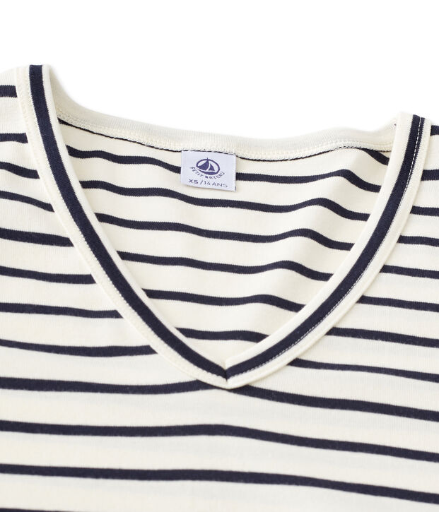 T-shirt donna a maniche lunghe a righe con scollo a V bianco/blu