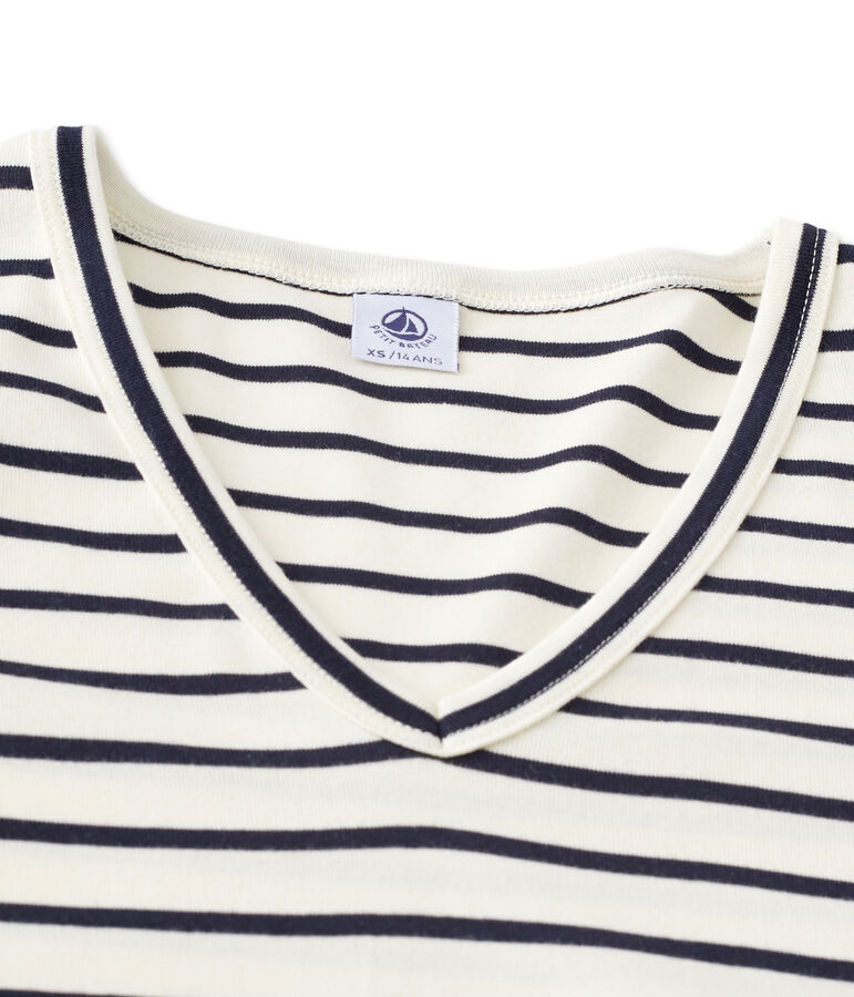 T-shirt donna a maniche lunghe a righe con scollo a V beige COQUILLE/blu SMOKING