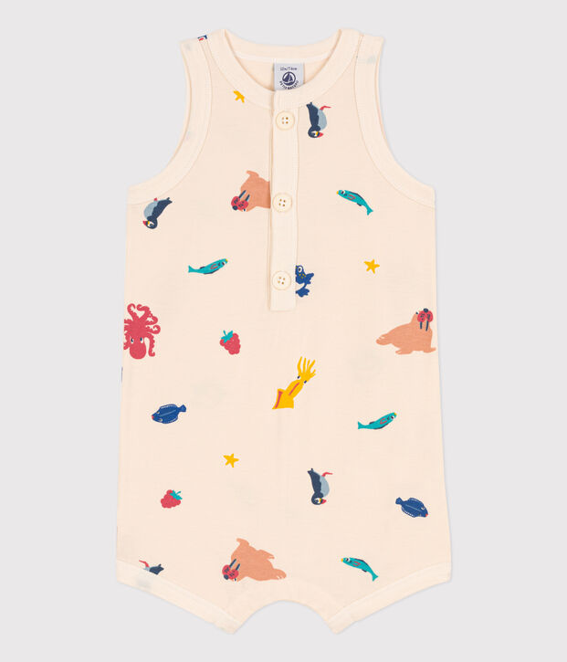 Tutina corta beb&egrave; in jersey stampato ecru/multicolore