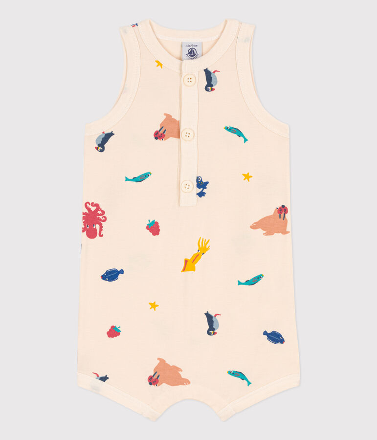 Tutina corta beb&egrave; in jersey stampato ecru/multicolore