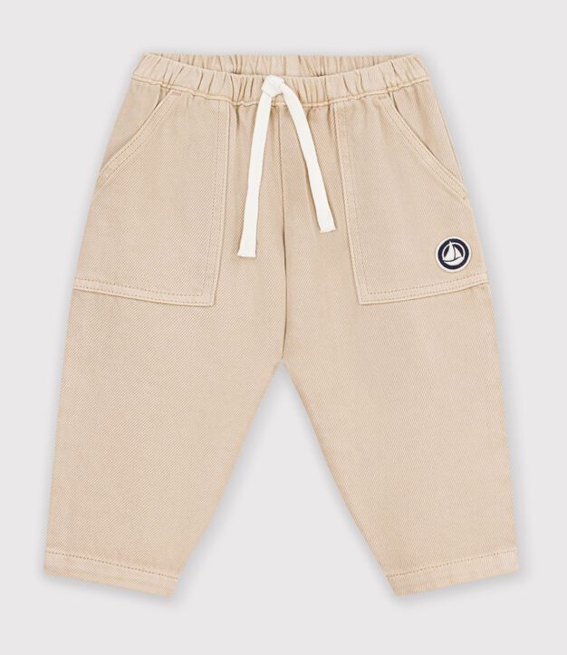 Pantaloni stile cargo in cotone tinta unita con stemma neonato beige
