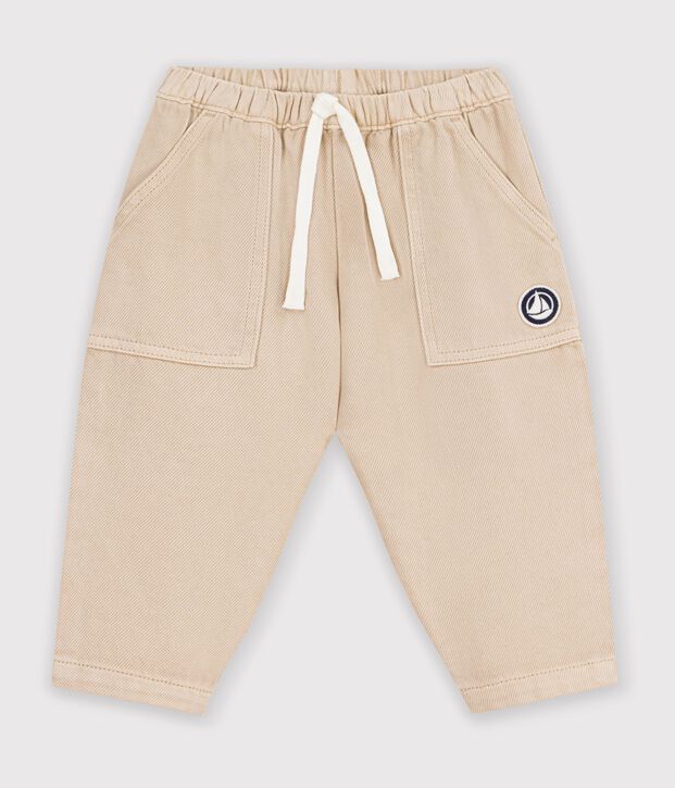 Pantaloni stile cargo in cotone tinta unita con stemma neonato beige