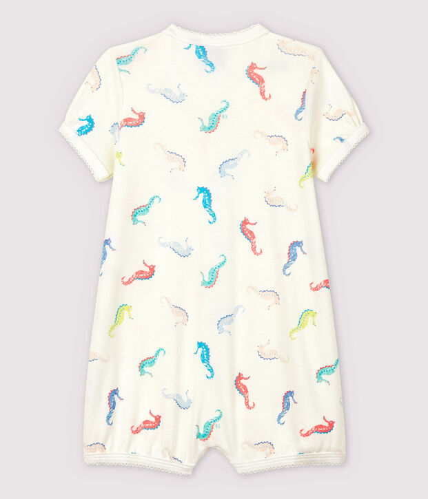 Tutina corta cavalluccio marino beb&egrave; femmina in cotone bianco/rosa