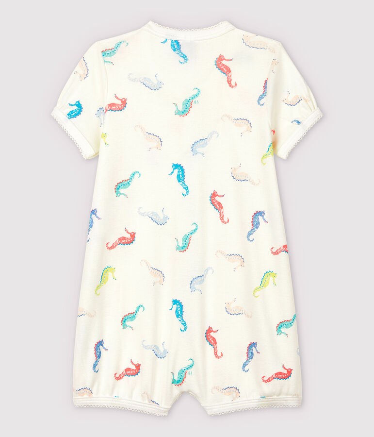 Tutina corta cavalluccio marino beb&egrave; femmina in cotone bianco/rosa