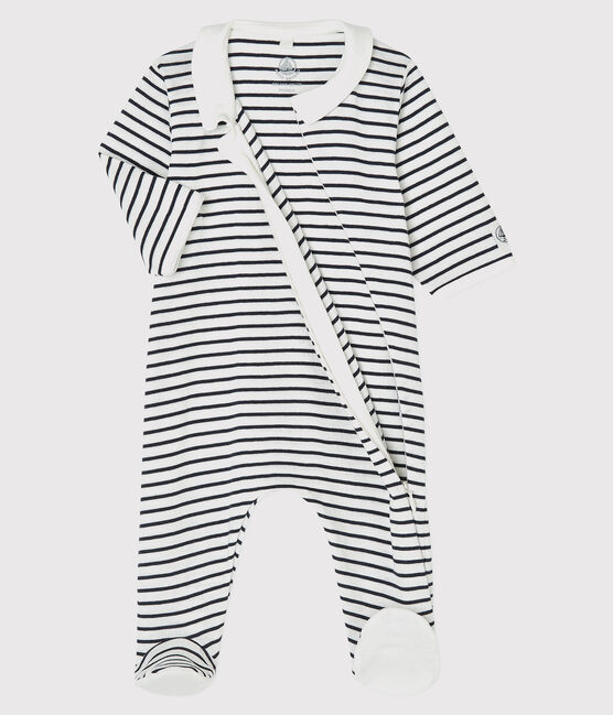 Tutina pigiama bebè marinière in cotone biologico bianco MARSHMALLOW/blu SMOKING