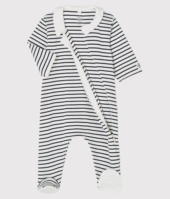 Tutina pigiama a righe con zip bebè in cotone biologico bianco MARSHMALLOW/blu SMOKING