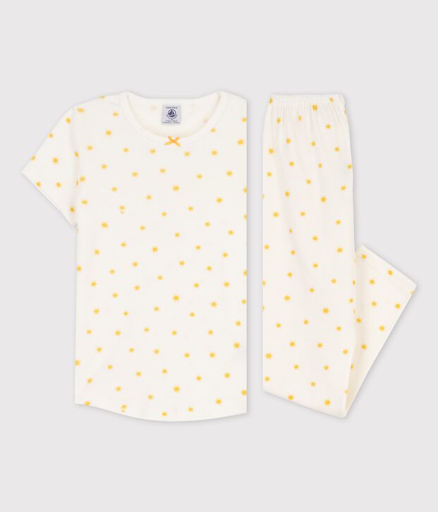 Pigiama a manica corta con soli bambina in cotone biologico bianco/giallo