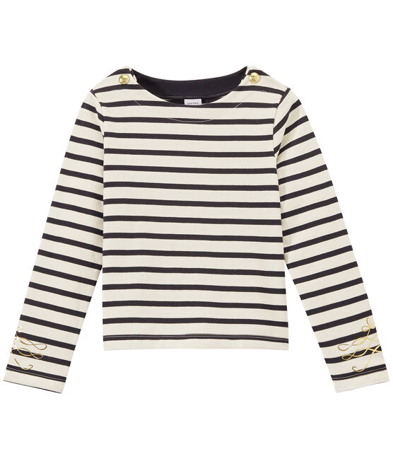 Marinière bambina maniche lunghe in jersey pesante bianco MARSHMALLOW/blu SMOKING