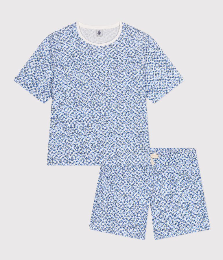 Pigiama donna con pantaloncini e t-shirt in cotone con motivo floreale bianco/blu