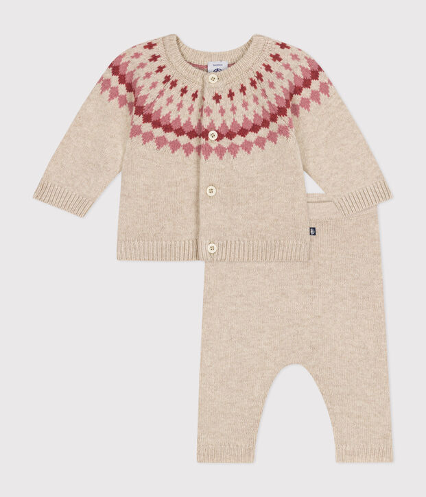 Set 2 pezzi in maglia neonato ecru/rosa