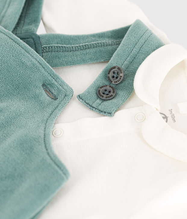 Completo con salopette in velluto e body per beb&egrave; verde