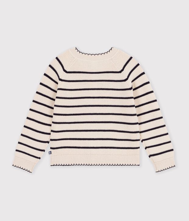 Cardigan in misto lana e cotone a righe bambina ecru/blu