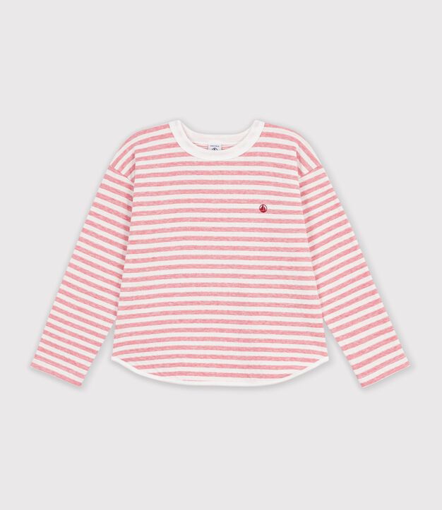 T-shirt a maniche lunghe a righe bambino rosa/ecru
