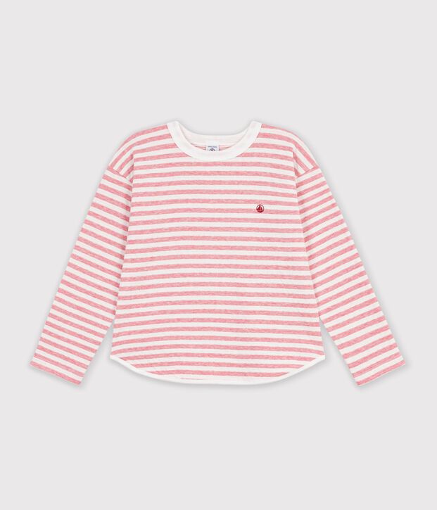 T-shirt a maniche lunghe a righe bambino rosa/ecru