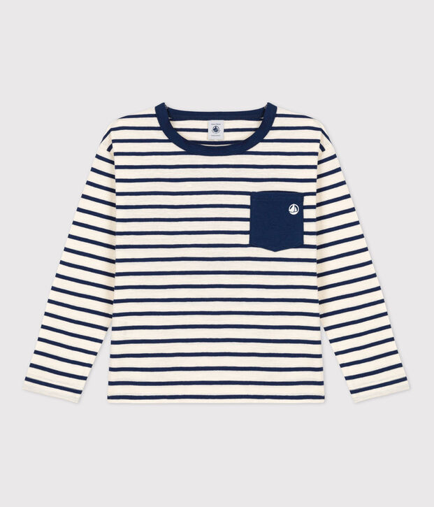 T-shirt bambino a maniche lunghe in cotone ecru/blu