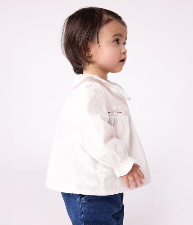 Blusa a maniche lunghe in popeline di cotone con colletto e ricami neonata bianco
