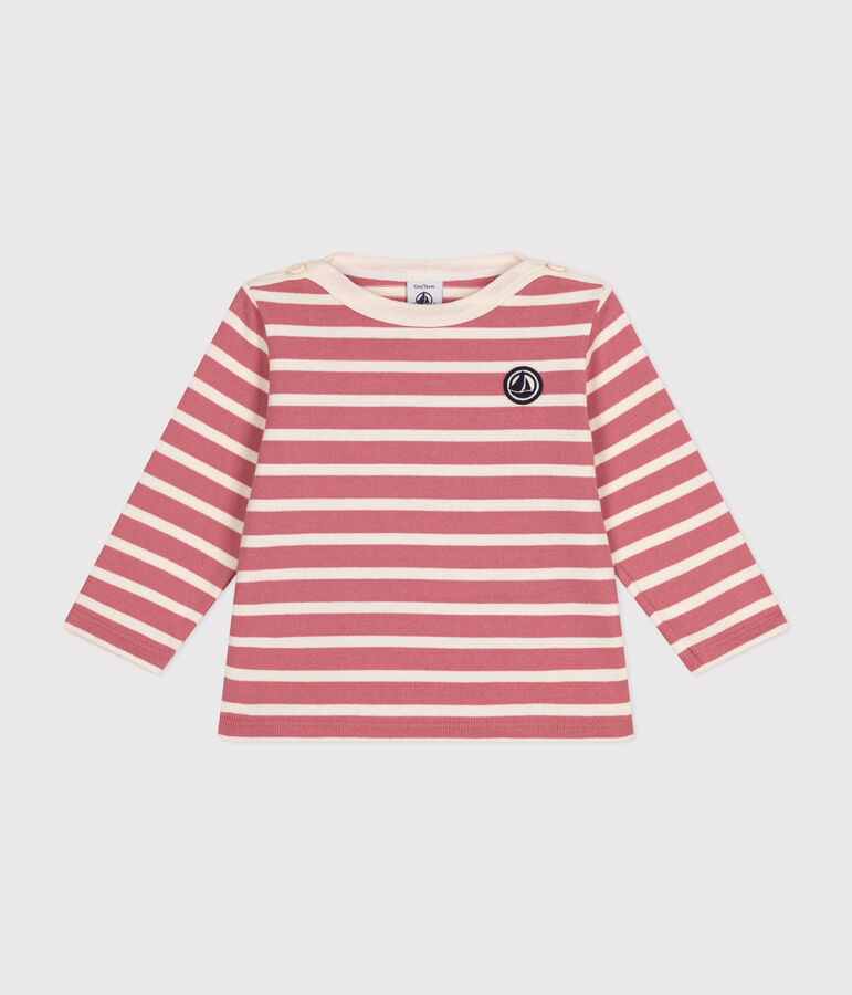 Maglia a righe in cotone spesso neonato rosa/ecru