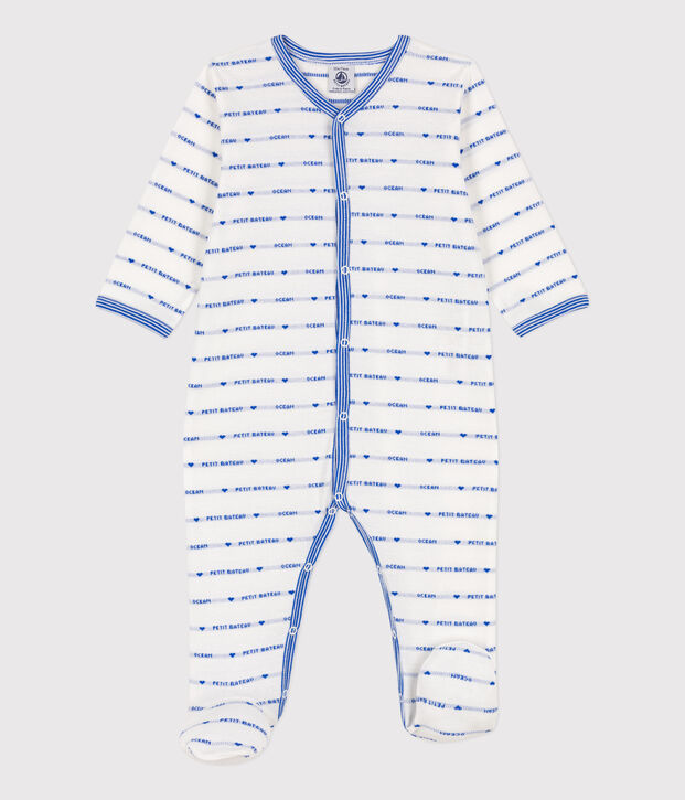 Tutina pigiama in cotone jaquard bianco/blu