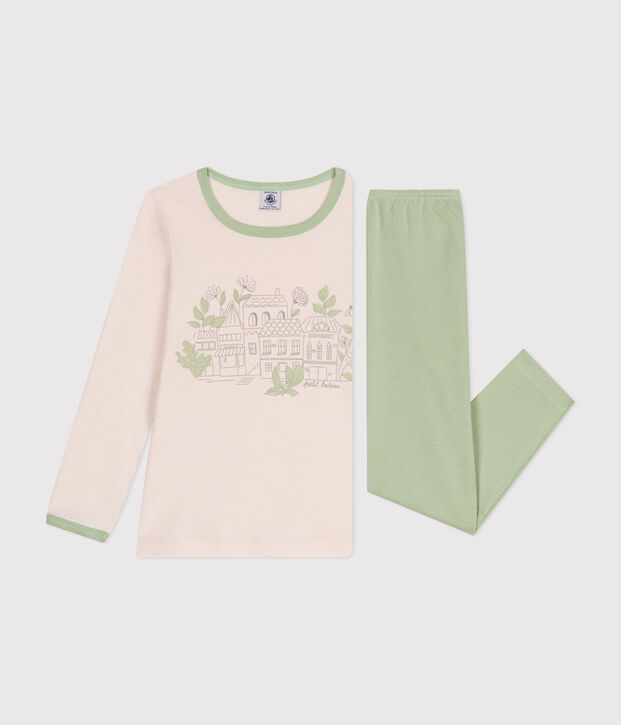 Pigiama bambina a maniche lunghe in cotone beige/verde