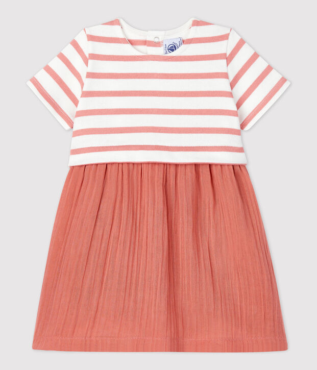 Abito beb&egrave; in bi-materiale in jersey di cotone spesso e garza di cotone biologico bianco/rosa