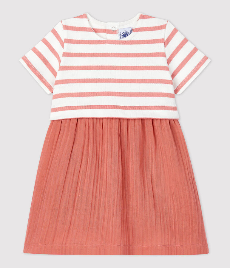 Abito beb&egrave; in bi-materiale in jersey di cotone spesso e garza di cotone biologico bianco MARSHMALLOW/ PAPAYE