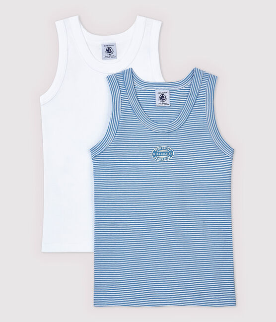 Confezione da 2 canottiere millerighe blu bambino in cotone biologico variante 1