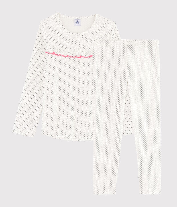 Pigiama a pois bambina a costine bianco/blu