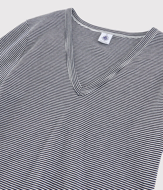 T-shirt scollo a V iconica in cotone a righe Donna blu SMOKING/bianco MARSHMALLOW