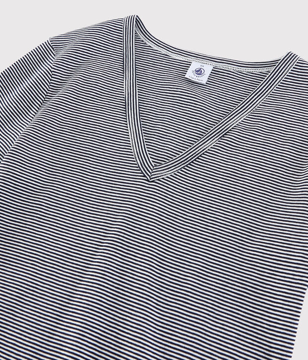 T-shirt scollo a V iconica in cotone a righe Donna blu/bianco