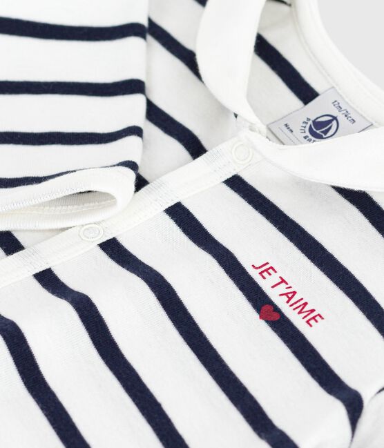 Pigiama senza piedini con scollo a barca in cotone con stampa a righe neonato bianco MARSHMALLOW/blu SMOKING