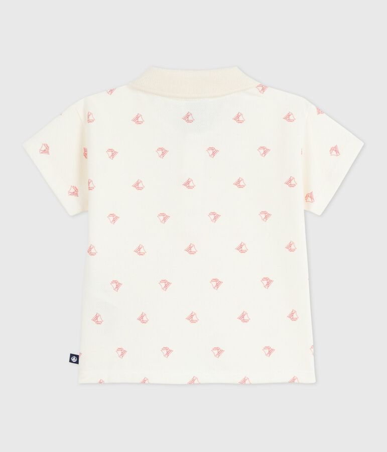 Polo a maniche corte in cotone con barchette vintage stampate neonato ecru/rosso