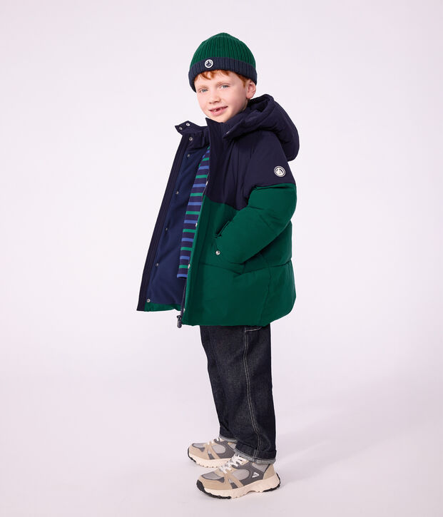 Piumino tinta unita color block bambino verde/blu